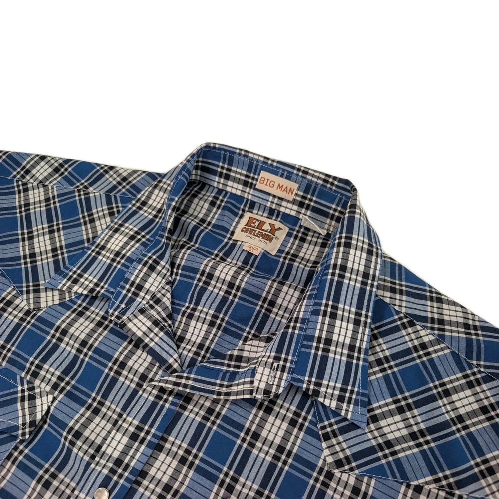 Ely Cattleman Shirt Mens 3XL Blue Plaid Western Pearl‎ Snap Short Sleeve Cowboy